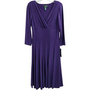 WT Lauren Ralph Lauren Purple Jersey Fit & Flare Dress Size 8 Midi Faux Wrap
